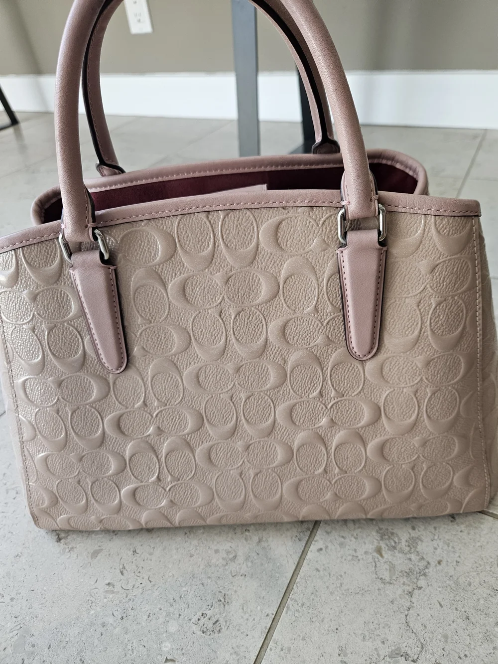 COACH Signature Debossed Patent LEATHER Margot Carryall​ - Blush Pink/Dark Nude